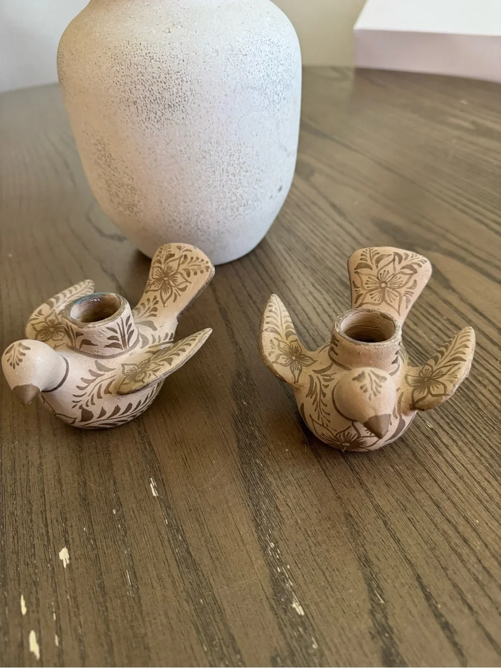 Vintage Hand-Painted Ceramic Bird Candle Holders — Beige